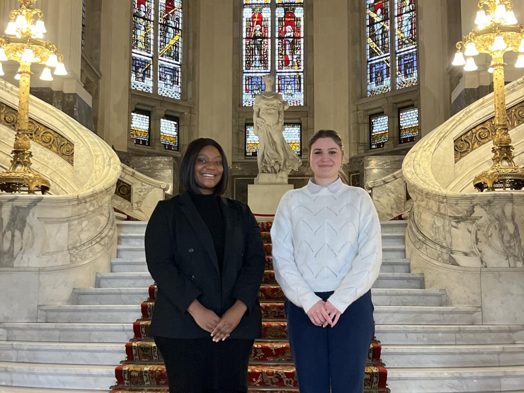 Ruth Olaoyenikan and Courtney Kemp in the main entrance hall of the Peace Palace, November 2024